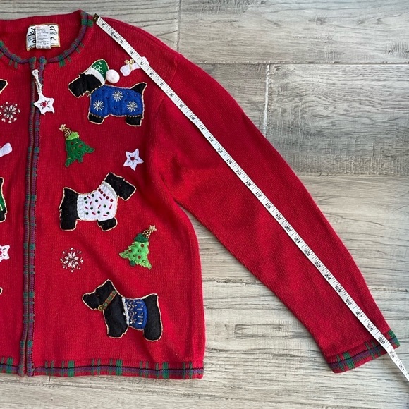 Vintage Christmas Sweater Scottish Terrier Dogs Zipper Front Red/Green SZ L - Picture 13 of 13